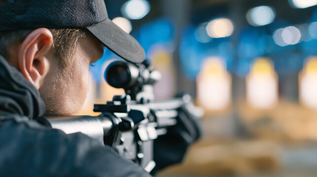 Side view of man aiming rifle at a target, safety gear on, cap shading eyes, indoor shooting range setup with target boards in clear view, capturing focus and athletic discipline