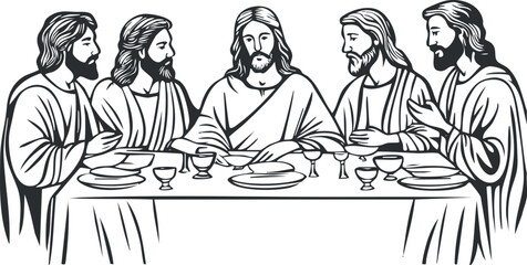 Black and white vector illustration of Jesus and his disciples during the Last Supper, suitable for religious and spiritual contexts.