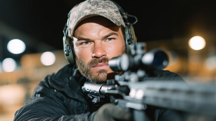 Rifle marksman at a shooting range, hands firmly on weapon, cap and ear protection on, aiming carefully at target, indoor lighting highlighting his focused expression
