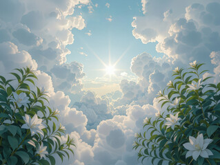 Spiritual view of a heavenly sky with bright sun and clouds. White flowers frame the scene of divine light. Hope and faith concept