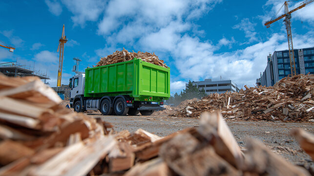 Construction site scene with green skip bin full of wooden scraps, dust around, bright sunny sky, emphasizing collected waste ready for eco-friendly recycling
