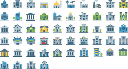 A complete vector icon set of buildings and architecture elements, including offices, houses, government facilities, factories, airports, schools, and public services. Perfect for apps, websites, maps