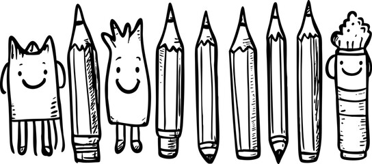 Playful hand-drawn vector illustration of cute cartoon pencils and crayons, perfect for educational materials and creative projects