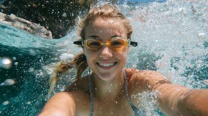 Blonde girl swimming underwater in a bright pool, wearing orange goggles, smiling at the camera, bubbles rising around her face, capturing playful summer vacation vibes