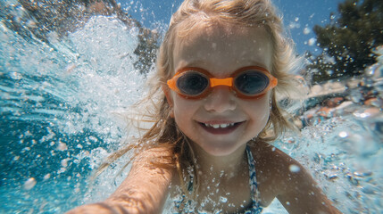 Naklejka premium Close-up of blonde child swimming underwater, orange goggles vibrant against blue pool, wide smile, bubbles rising, sunlight shimmering on rippling water surface