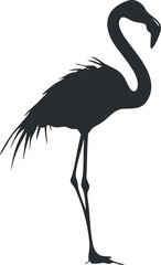 Obraz premium Stylized black silhouette vector illustration of a flamingo standing gracefully, ideal for nature-themed designs and decor.