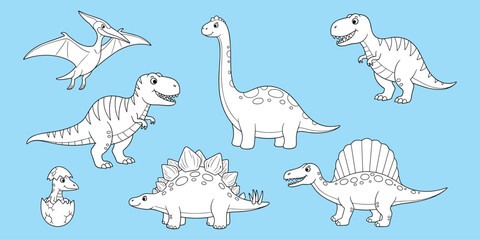 Cartoon dinosaurs, baby dino, T-Rex, Stegosaurus, Brachiosaurus, Pteranodon, Spinosaurus, hatching egg, prehistoric animals, kids graphic, flat vector illustration © Creative Mind