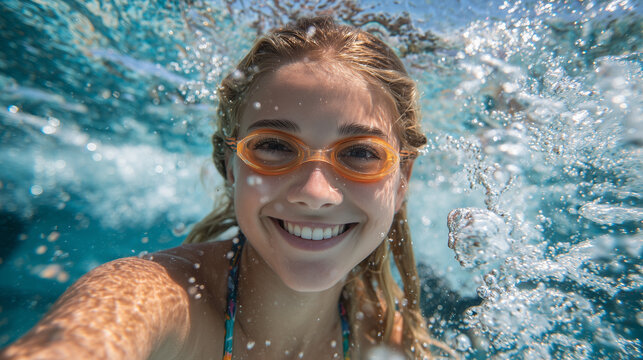 Blonde girl submerged in pool, orange swimming goggles, beaming smile at camera, bubbles rising toward surface, water refracting light, evoking playful summer fun