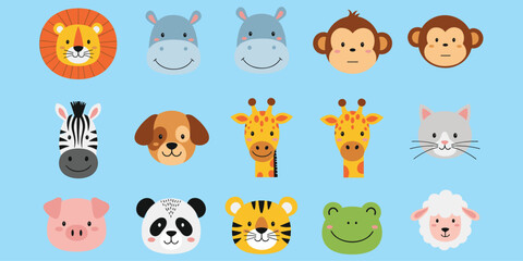 Cartoon animal faces collection for kids, colorful zoo characters, cute wildlife icons, educational nursery design, flat vector illustration
