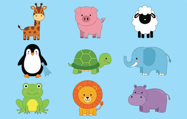Obraz premium Cartoon animals, giraffe, pig, sheep, penguin, turtle, elephant, frog, lion, hippo, kids illustration, flat vector illustration