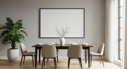 Modern Dining Room Interior with Blank Frame table setting chairs wall decor monstera plant houseplant minimalist home decor