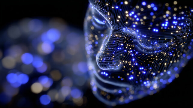 Profile face partially covered with glowing blue digital network, abstract cyber connections and circuits expanding outward, futuristic AI and virtual human interface concept