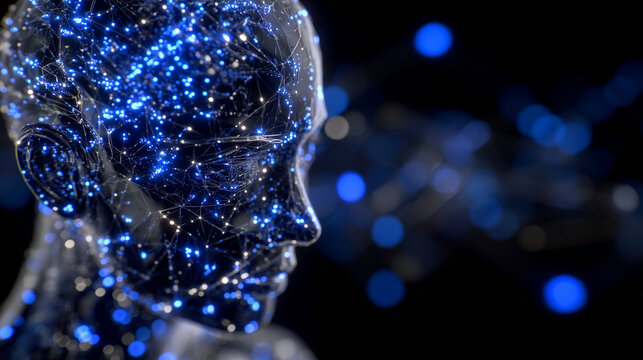Profile of human head with radiant blue digital network mapping, abstract glowing nodes and connections, cyberpunk AI-inspired concept art