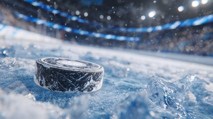 Close-up shot of puck on ice with jagged ice pieces, arena lighting creating glimmering reflections, frozen surface textures detailed, ready for competitive hockey gameplay