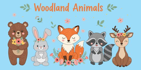 Woodland animals, bear rabbit fox, raccoon deer, flower crown, forest friends, cute creatures, pastel background, flat vector illustration
