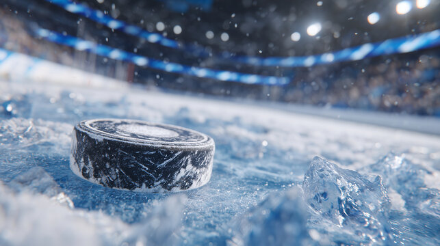 Close-up shot of puck on ice with jagged ice pieces, arena lighting creating glimmering reflections, frozen surface textures detailed, ready for competitive hockey gameplay