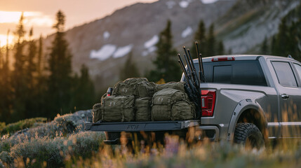 Pickup truck parked at forest edge, bed filled with green backpacks and rifles, sunset casting long shadows, highlighting gear ready for hunting and adventure