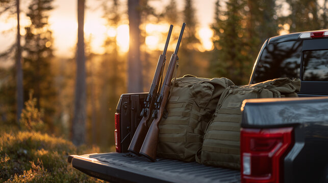 Close-up of pickup truck bed holding green backpacks and rifles, sunlight filtering through forest trees at sunset, adventure and hunting trip gear packed for journey