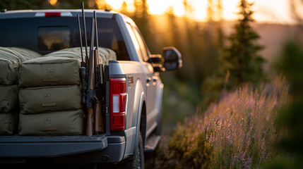Side view of truck bed loaded with olive green packs and hunting rifles, warm evening light filtering through trees, emphasizing adventure readiness and wilderness trip preparation