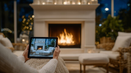 Close-up of hands holding tablet showing 3D model of a contemporary living room, fireplace glowing, sofa set arranged, visualizing home renovation and design planning