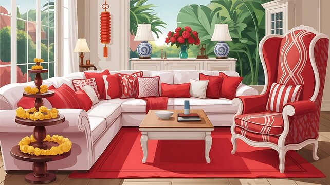 Vibrant red and white living room with ornate furniture and lush greenery interior sofa