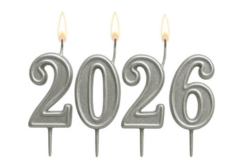 Silver 2026 candles burning, celebrating new year's eve, future, and date on transparent background