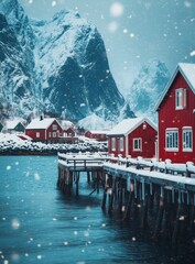 Fototapeta premium Snowy Landscape With a Red Cabin and Mountain Backdrop in Winter