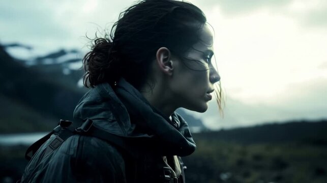 Half woman half cyborg warrior. Glowing robotic eyes and intense stare. Slowly standing up to view a Nordic landscape. Moody dark lighting