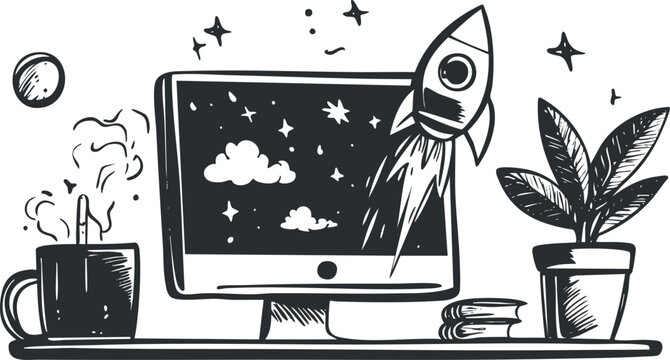 Creative black and white vector illustration of a workspace featuring a computer, rocket, plant, and coffee for motivational design projects