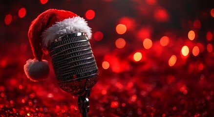 Christmas Microphone With Santa Hat Against Festive Red Background With Bokeh Lights