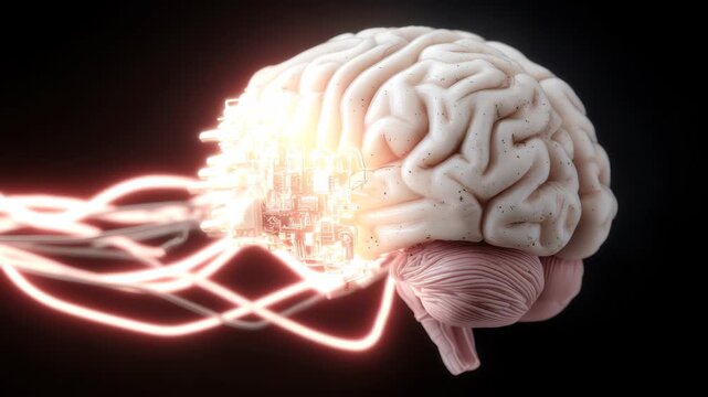 Exploration of the interconnection between human cognition and advanced technology through a realistic representation of a brain with electronic components