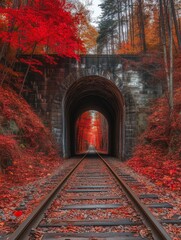 Fototapeta premium Red Leaves Frame a Serene Railway Tunnel Surrounded by Autumn Trees in a Peaceful Forest Setting
