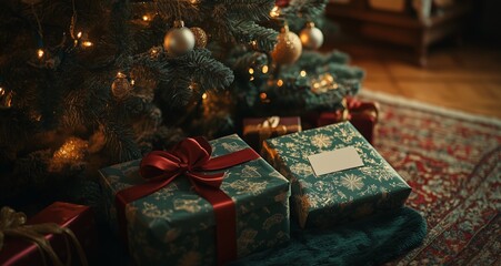 Christmas Presents Wrapped in Colorful Paper Under a Beautifully Decorated Tree in a Cozy Living Room