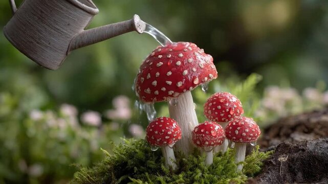 A charming, close-up scene captures a miniature watering can delicately sprinkling water onto a vibrant cluster of red and white spotted fungi. The detailed caps glisten with fresh water droplets, nes
