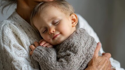 Gentle mother lovingly cradles her sleeping child in a cozy embrace while relaxing at home during a quiet afternoon