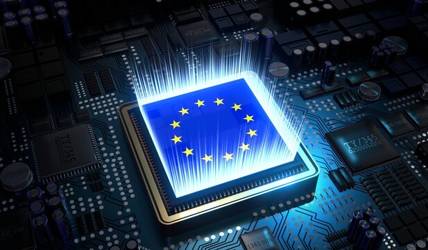 Computer processor with flag of European Union - 3D illustration