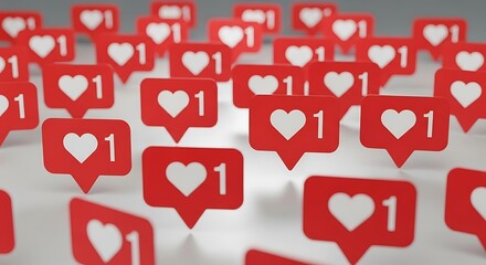 Social media notification icons showing likes with heart symbol and number 1, digital marketing concept