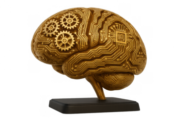 Golden brain with integrated circuit patterns and gears representing artificial intelligence and advanced technology