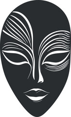 Abstract black and white vector illustration of a stylized alien face featuring intricate line designs for artistic and creative projects