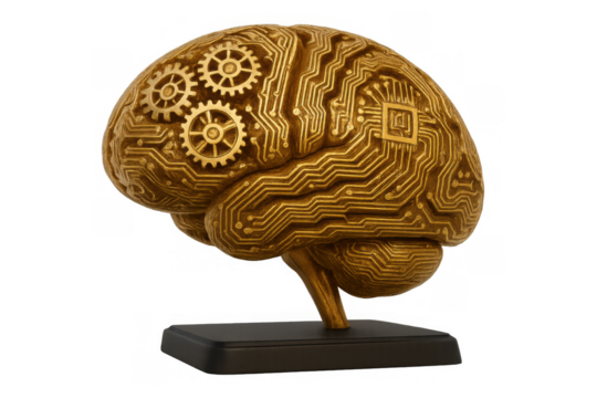 Golden brain with integrated circuit patterns and gears representing artificial intelligence and advanced technology