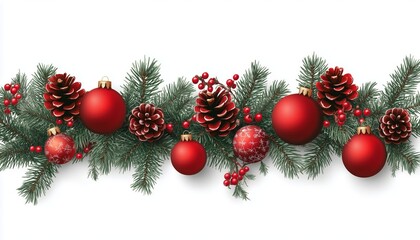 Fototapeta premium Decorative Christmas Garland With Red Ornaments and Pine Cones on White Background