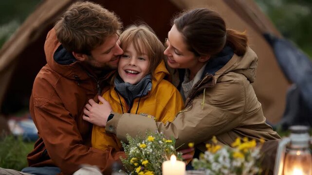 Family enjoys a joyful camping experience in nature, surrounded by flowers and lanterns during a calm evening