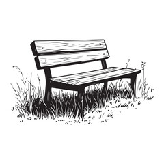 wooden park bench with grass and flowers silhouette