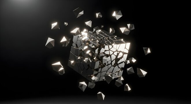 Fragmented Cube
“Single metallic 3D cube breaking apart into small geometric pieces, fragments floating outward, dark studio background, high contrast lighting, no text.”