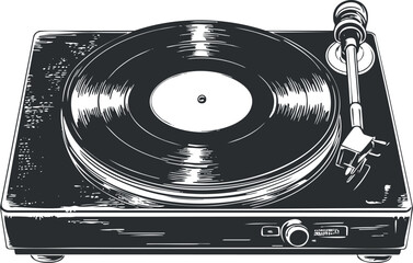 Vintage black and white vector illustration of a turntable with vinyl record, ideal for music-related designs and branding.