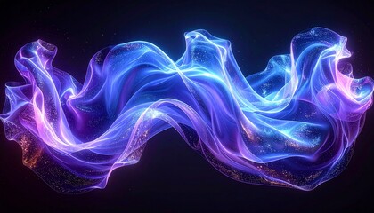 Abstract flowing light waves and particles with a dark background, glowing blue and purple energy trails