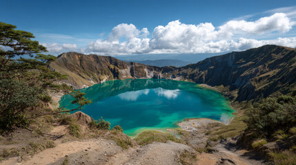 Volcanic crater lake reflecting vibrant turquoise colors.