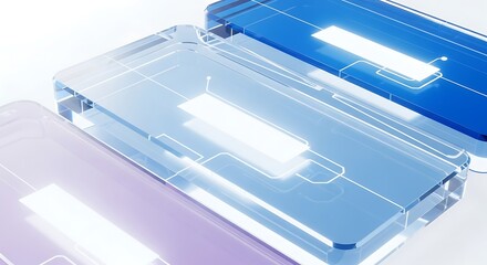 Next-generation translucent mobile phones displaying luminous interfaces, symbolizing technological progress and digital connectivity