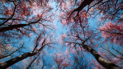 Tall forest trees reach upward toward a bright blue sky showing autumn foliage