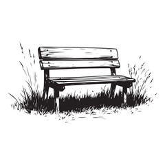 wooden park bench with grass and flowers silhouette
